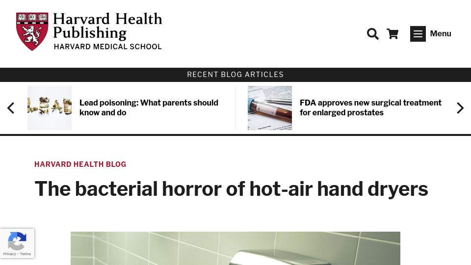 Screenshot of health.harvard.edu: The bacterial horror of hot-air hand dryers (2018)