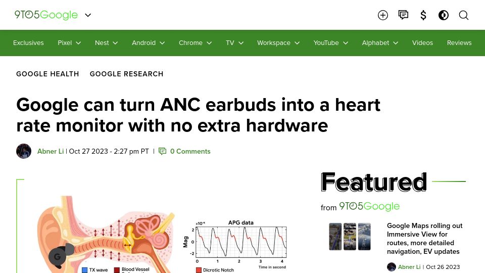 Screenshot of 9to5google.com: Google can turn ANC earbuds into a heart rate monitor with no extra hardware