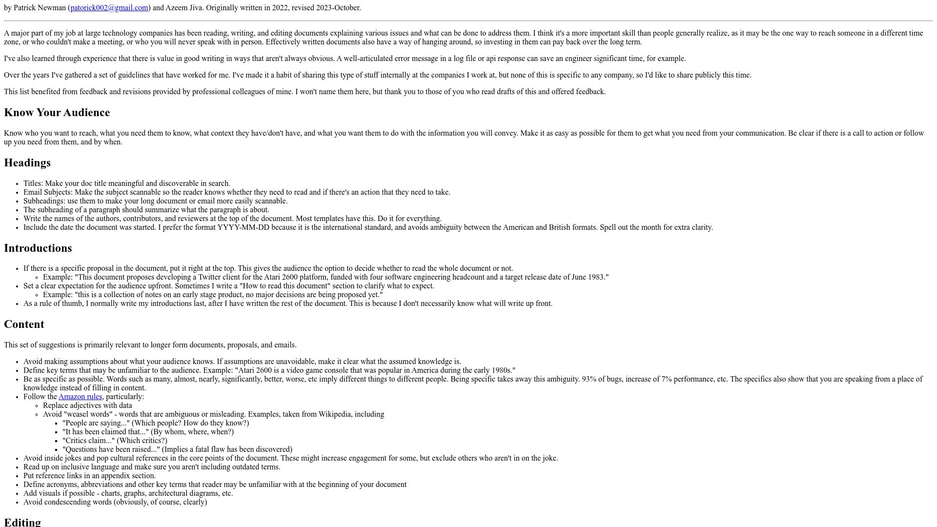 Screenshot of pnewman.org: Writing for Professional and Technical Audiences