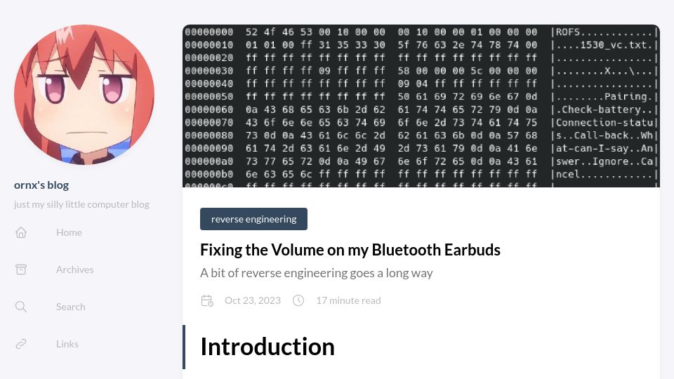 Screenshot of blog.ornx.net: Fixing the volume on my Bluetooth earbuds