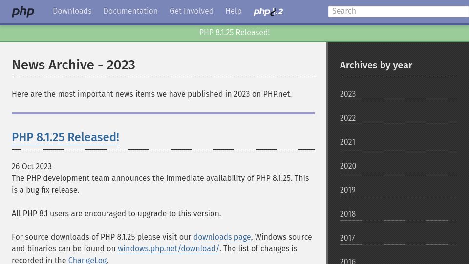 Screenshot of php.net: PHP 8.1.25