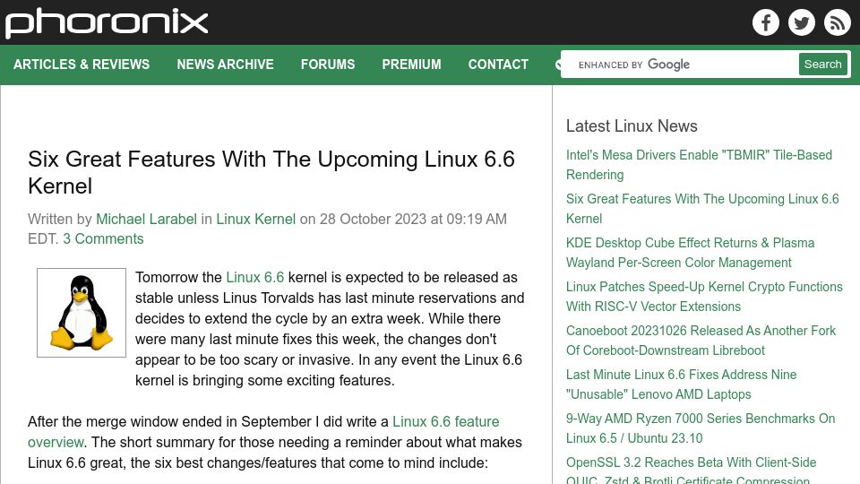 Screenshot of phoronix.com: Six Great Features with the Upcoming Linux 6.6 Kernel
