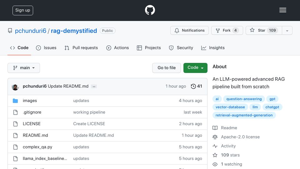 Screenshot of github.com: Show HN: Demystifying Advanced RAG Pipelines