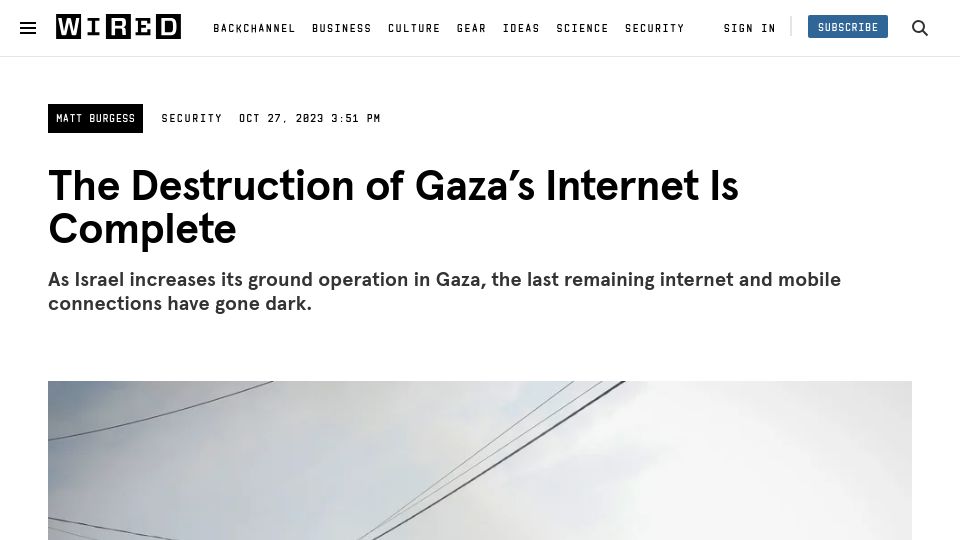 Screenshot of wired.com: The destruction of Gaza's internet is complete