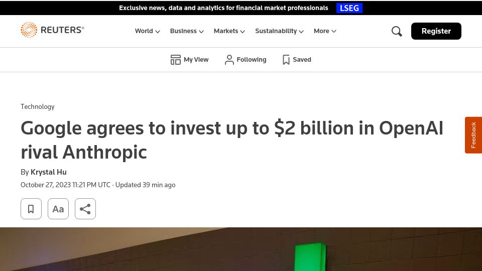 Screenshot of reuters.com: Google to invest up to $2B in Anthropic