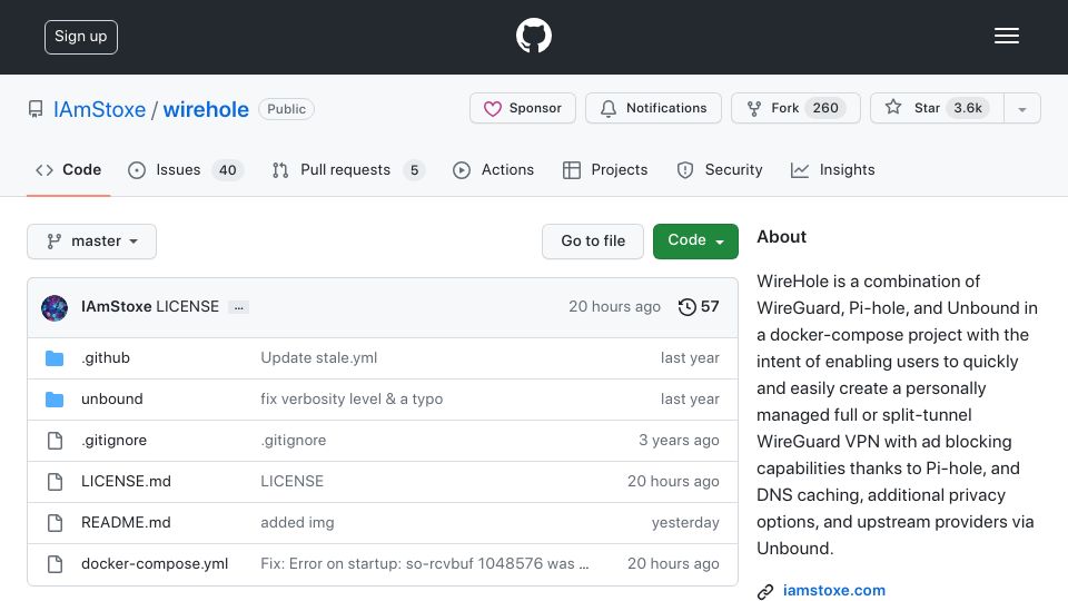 Screenshot of github.com: Show HN: WireHole combines WireGuard, Pi-hole, and Unbound with an easy UI