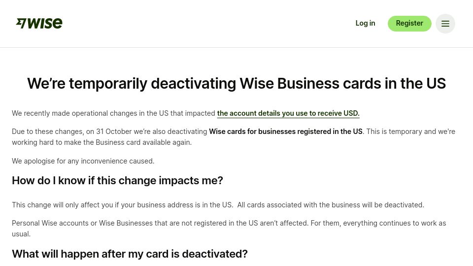 Screenshot of wise.com: Wise is deactivating Business cards in the US on Oct. 31st