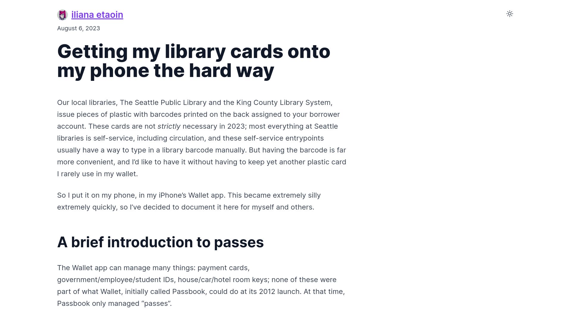 Screenshot of iliana.fyi: Getting my library cards onto my phone the hard way