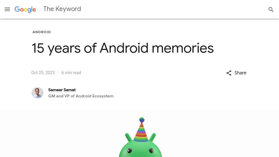 Screenshot of blog.google: 15 Years of Android Memories
