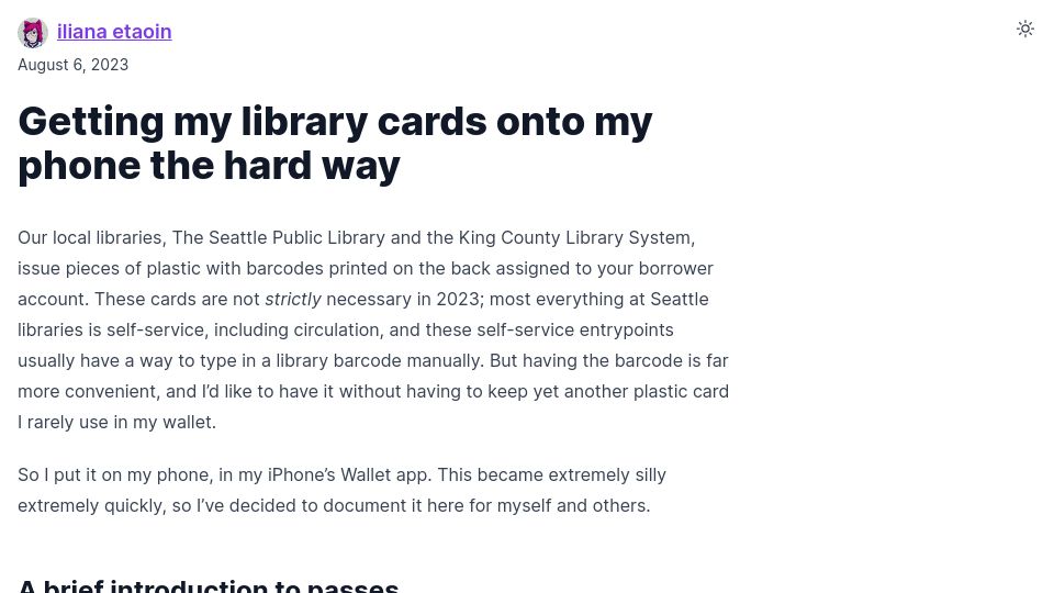 Screenshot of iliana.fyi: Getting my library cards onto my phone the hard way