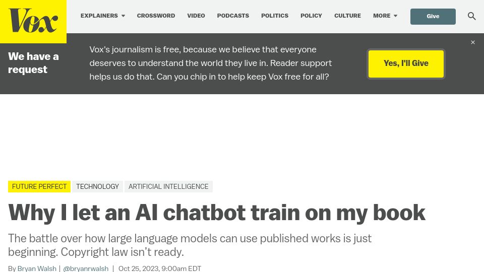 Screenshot of vox.com: The copyright fight over authors and OpenAI's ChatGPT