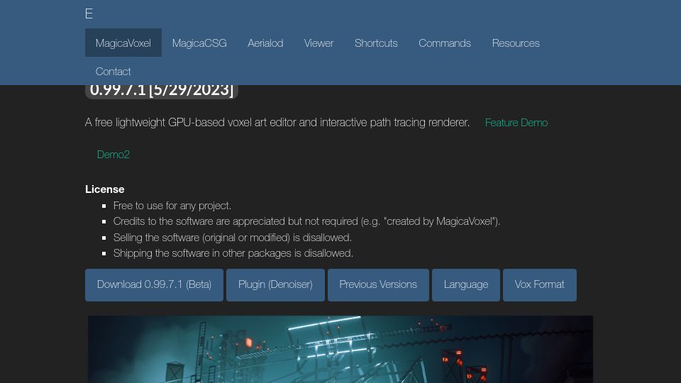 Screenshot of ephtracy.github.io: MagicaVoxel – A free voxel art editor and interactive path tracing renderer