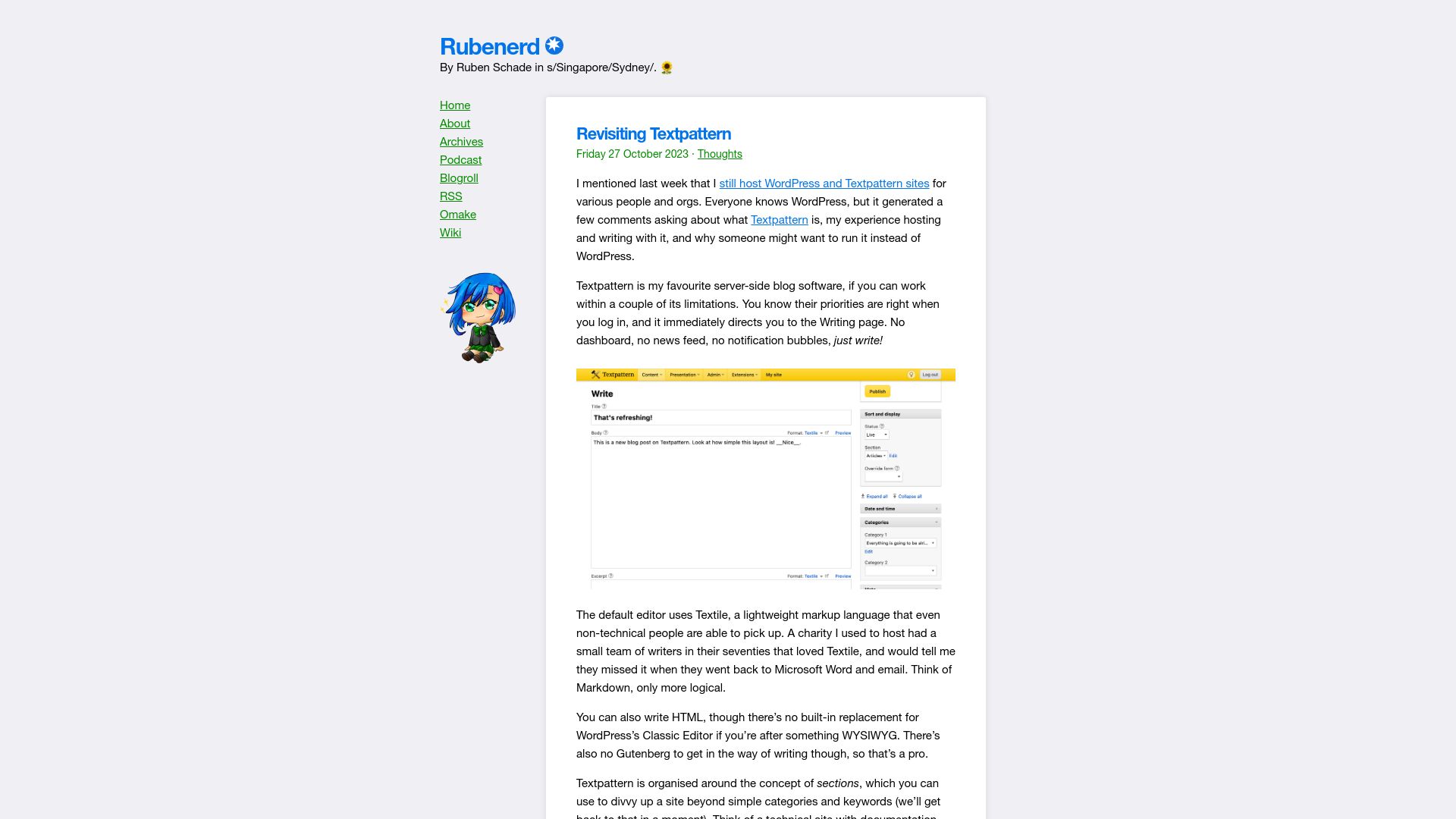 Screenshot of rubenerd.com: Revisiting Textpattern