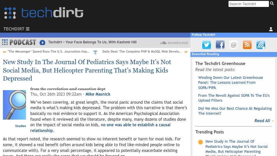 Screenshot of techdirt.com: New Study Says Maybe Helicopter Parenting Is Making Kids Depressed