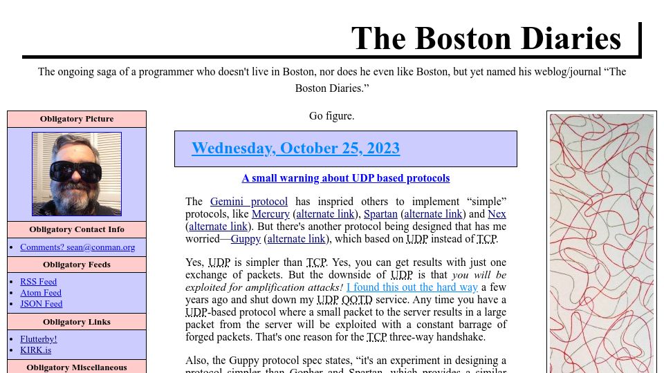 Screenshot of boston.conman.org: A small warning about UDP based protocols