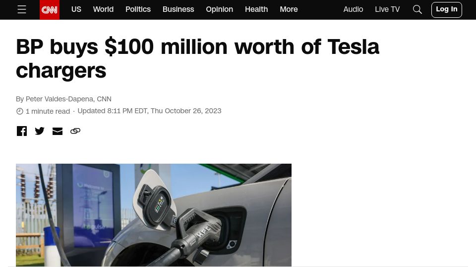 Screenshot of cnn.com: BP buys $100M worth of Tesla chargers