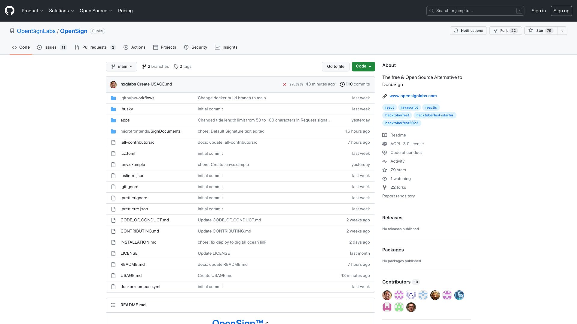 Screenshot of github.com: Show HN: OpenSign – Open source alternative to DocuSign