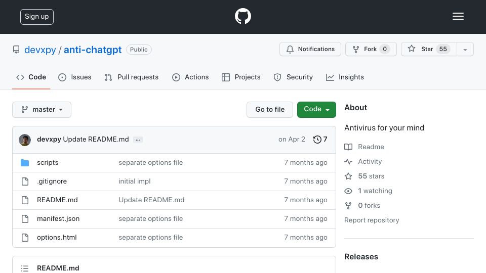 Screenshot of github.com: Anti-ChatGPT