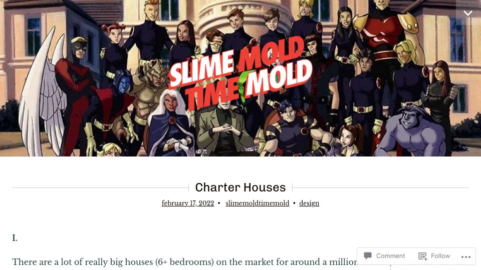 Screenshot of slimemoldtimemold.com: Charter Houses (2022)