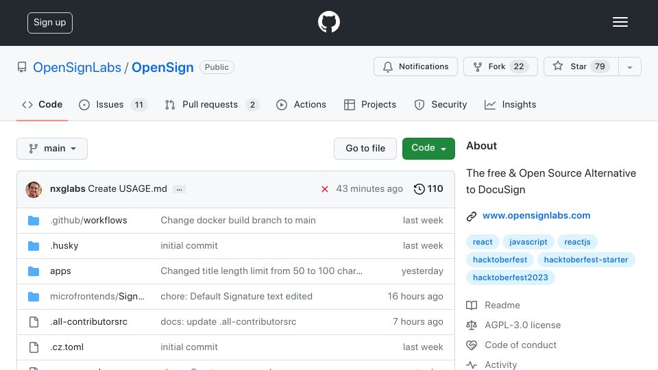 Screenshot of github.com: Show HN: OpenSign – Open source alternative to DocuSign