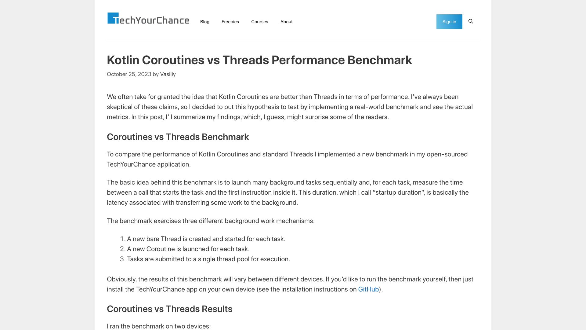 Screenshot of techyourchance.com: Kotlin Coroutines vs. Threads Performance Benchmark