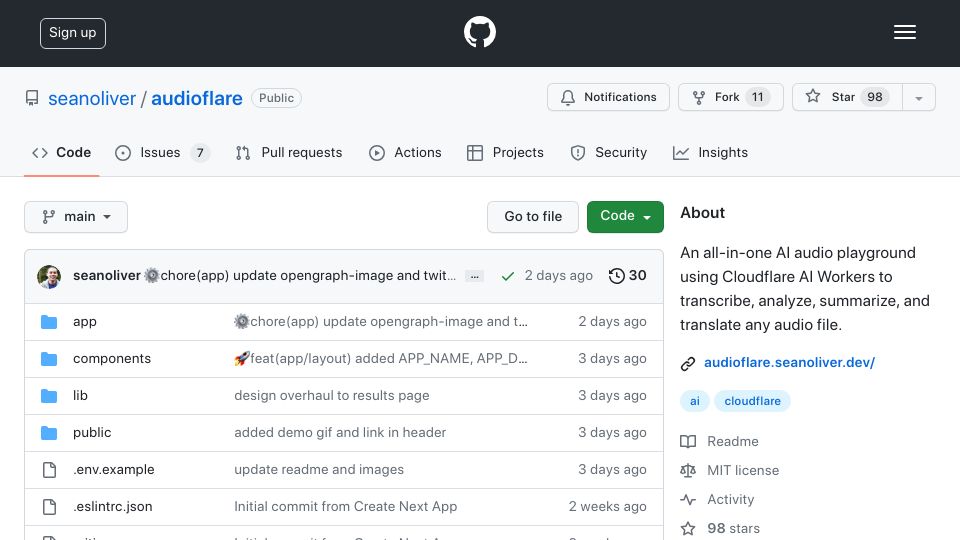 Screenshot of github.com: Audioflare: An all-in-one AI audio playground using Cloudflare AI Workers