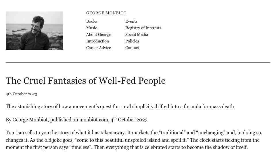 Screenshot of monbiot.com: The Cruel Fantasies of Well-Fed People