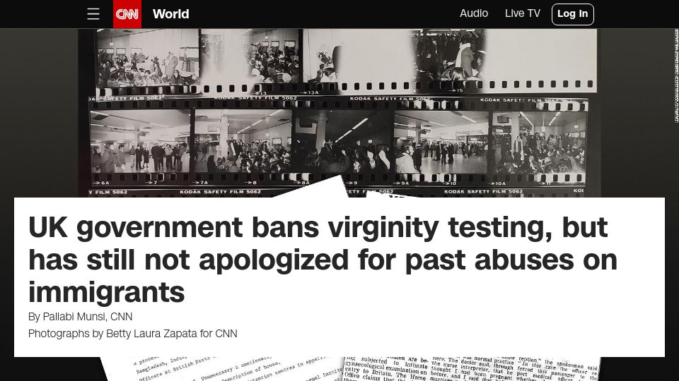 Screenshot of cnn.com: UK bans virginity testing but refuses to apologize to immigrants for past abuses