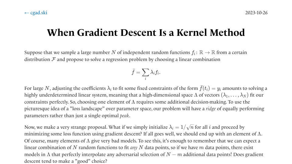 Screenshot of cgad.ski: When gradient descent is a kernel method