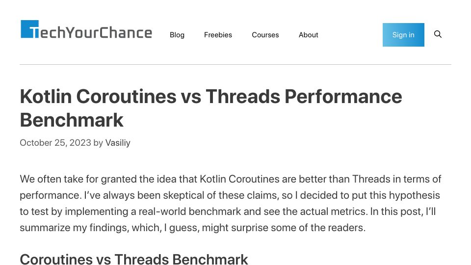 Screenshot of techyourchance.com: Kotlin Coroutines vs. Threads Performance Benchmark