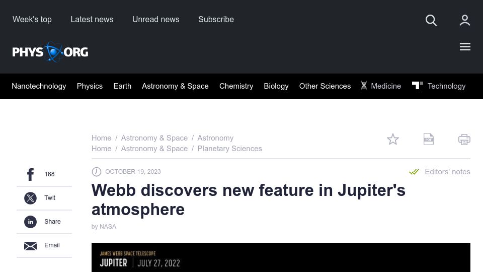 Screenshot of phys.org: Webb discovers new feature in Jupiter's atmosphere