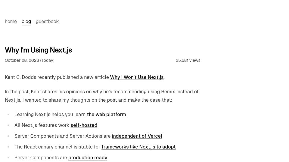 Screenshot of leerob.io: Why I'm using Next.js