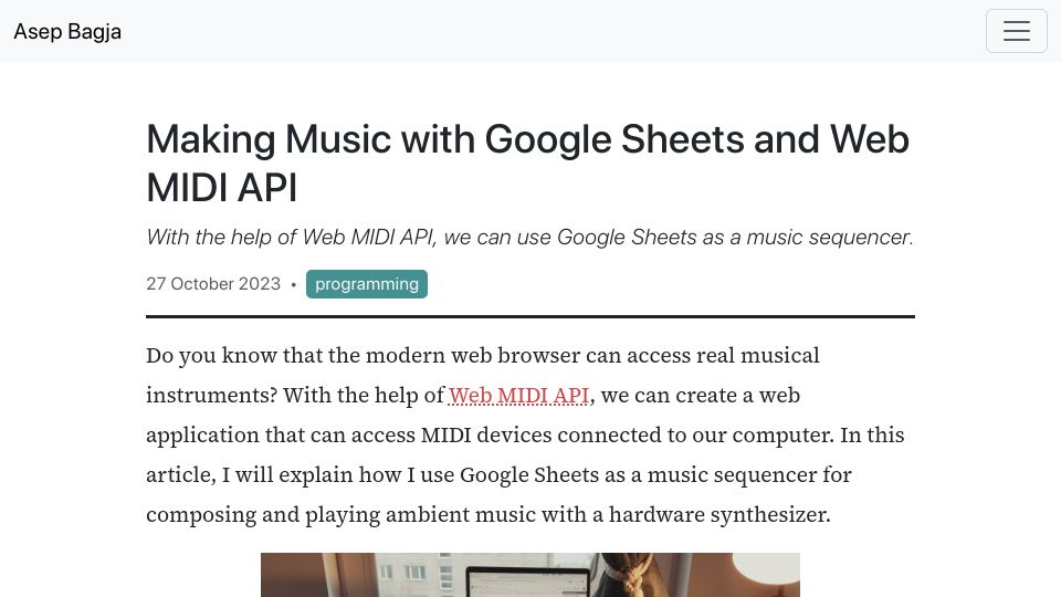 Screenshot of asepbagja.com: Making and Playing Music with Google Sheets and Web MIDI API