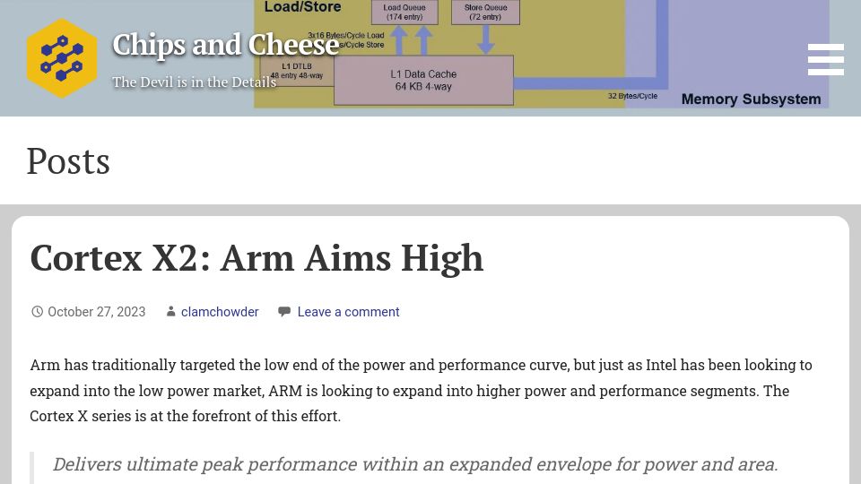 Screenshot of chipsandcheese.com: Cortex X2: ARM aims high