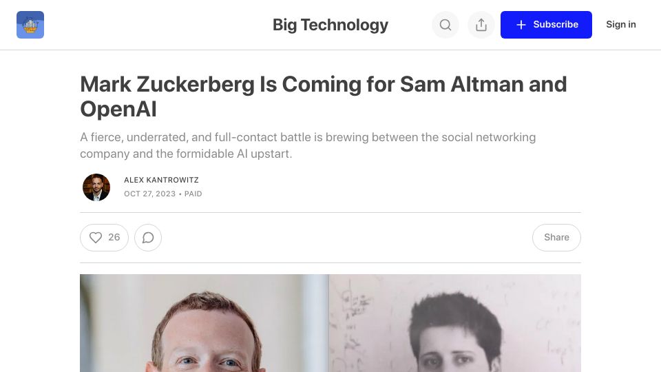 Screenshot of bigtechnology.com: Mark Zuckerberg Is Coming for Sam Altman and OpenAI