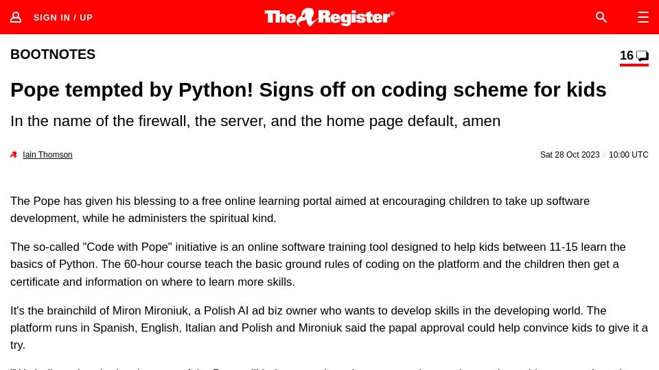 Screenshot of theregister.com: Pope tempted by Python. Signs off on coding scheme for kids