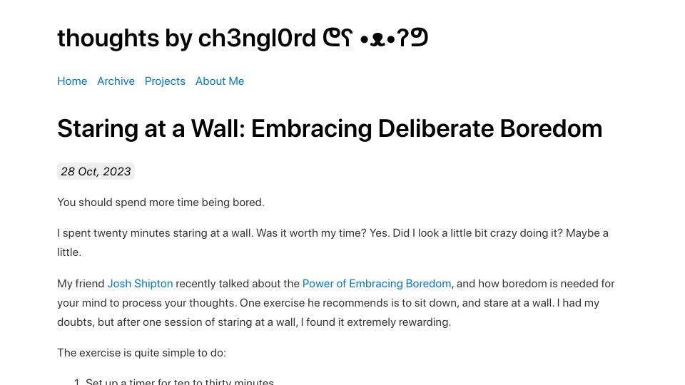 Screenshot of ch3ngl0rd.com: Staring at a Wall: Embracing Deliberate Boredom
