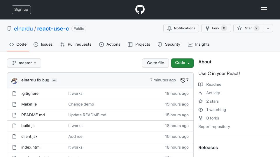Screenshot of github.com: React use C