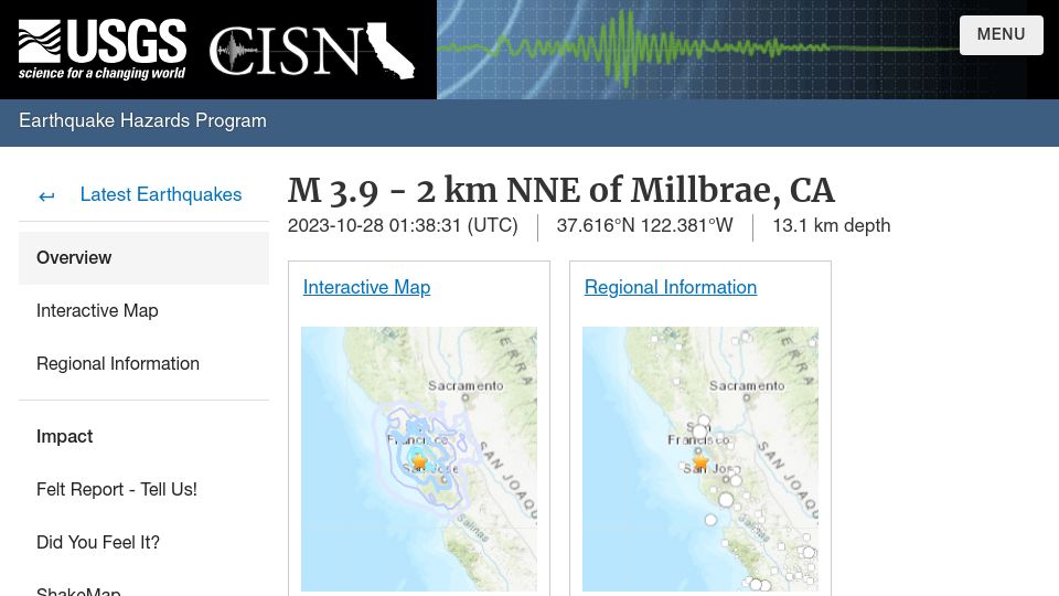 Screenshot of earthquake.usgs.gov: Yup, that was an earthquake outside SF