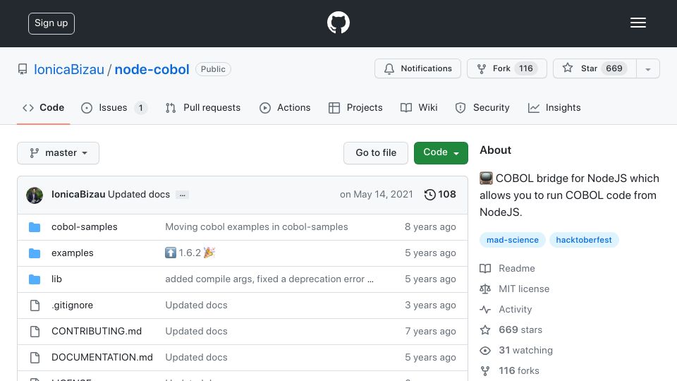 Screenshot of github.com: COBOL bridge for Node.js