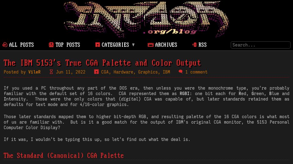 Screenshot of int10h.org: The IBM 5153's True CGA Palette and Color Output (2022)