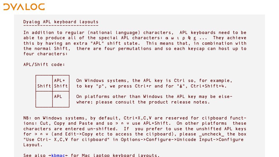 Screenshot of dfns.dyalog.com: Dyalog APL Keyboard Layouts
