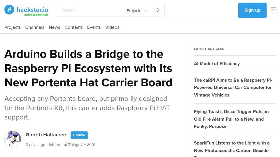 Screenshot of hackster.io: Arduino Builds a Bridge to the Raspberry Pi Ecosystem with Its New Portenta H