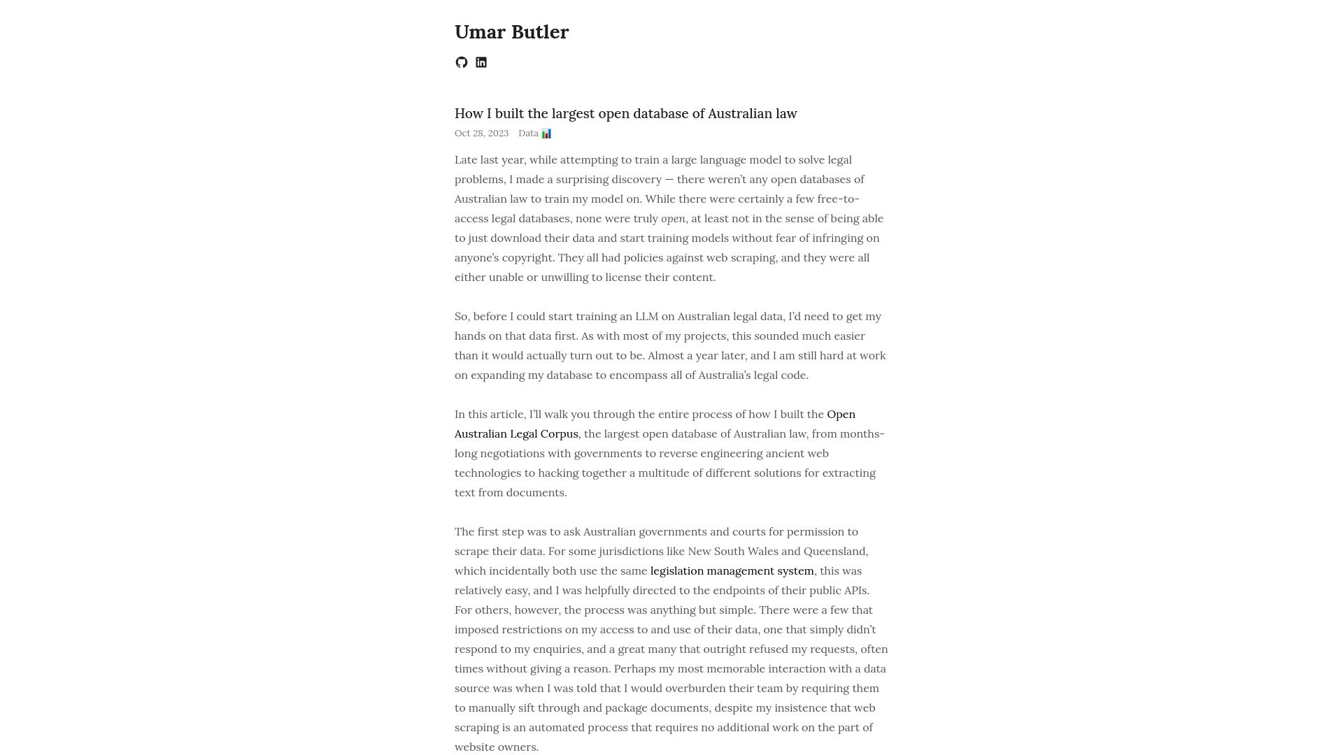 Screenshot of umarbutler.com: Show HN: how I built the largest open database of Australian law