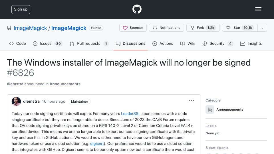 Screenshot of github.com: The Windows installer of ImageMagick will no longer be signed