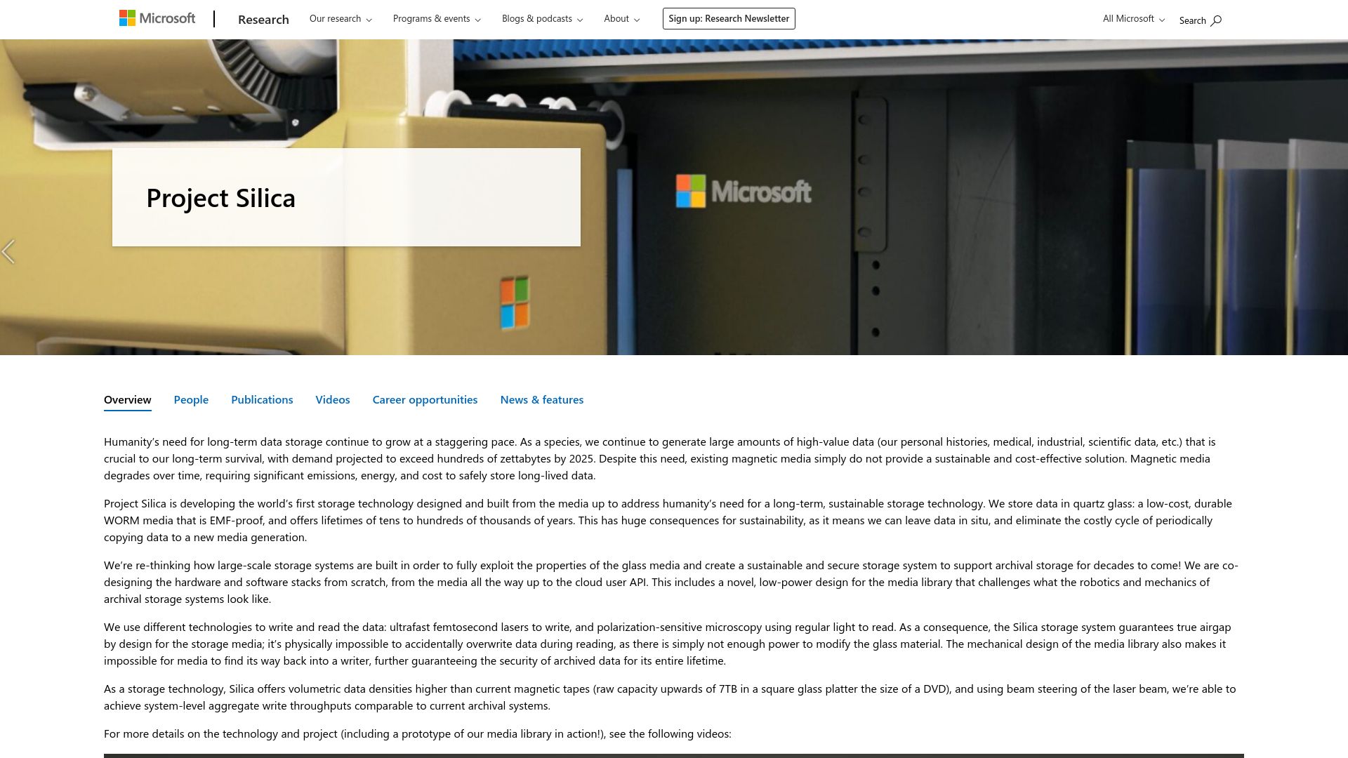 Screenshot of microsoft.com: Project Silica