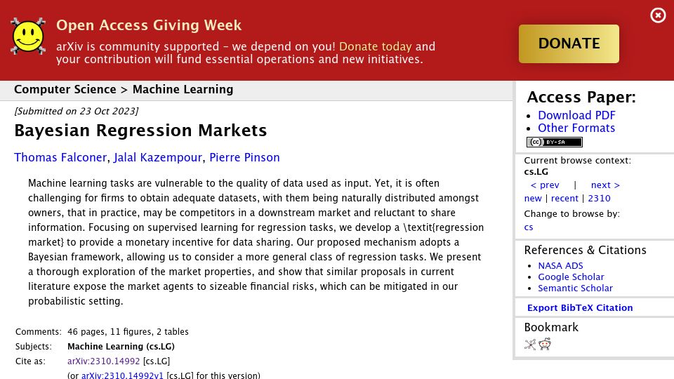 Screenshot of arxiv.org: Bayesian Regression Markets