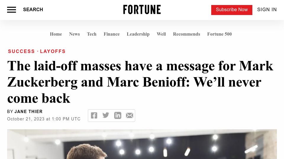 Screenshot of fortune.com: Laid-off masses have a message for Zuckerberg, Benioff: We'll never come back
