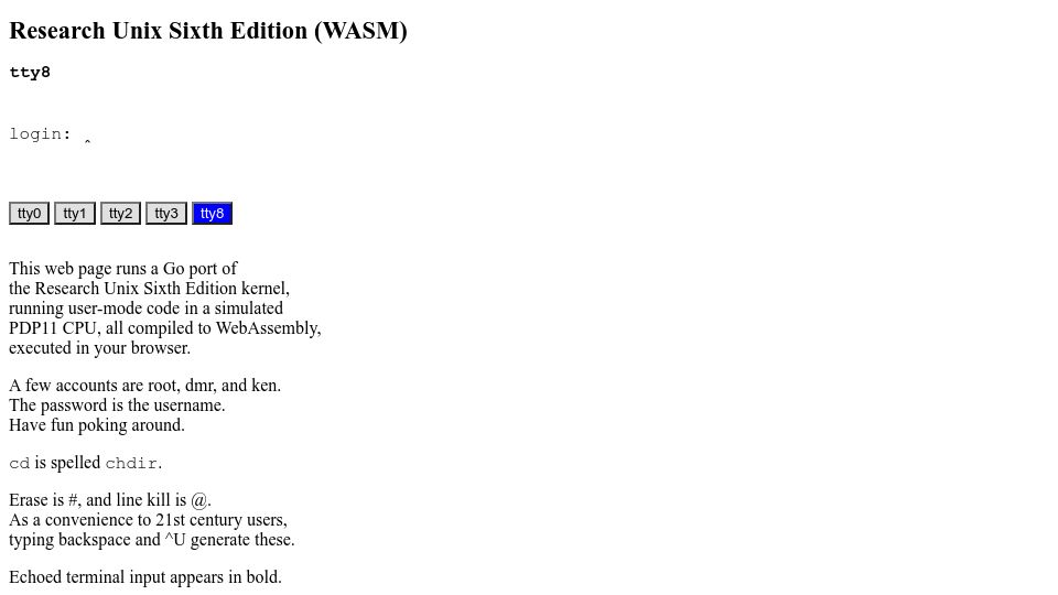 Screenshot of research.swtch.com: Research Unix Sixth Edition (WASM)
