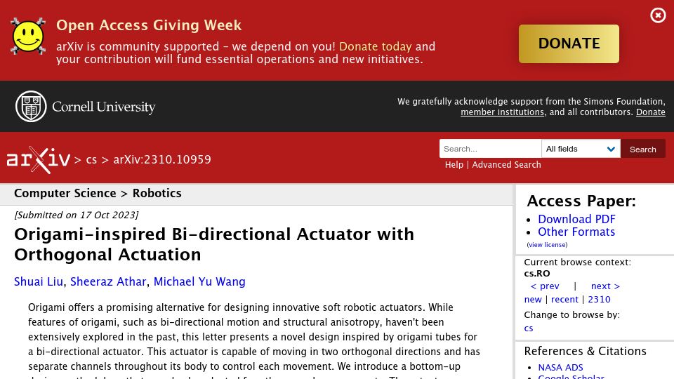 Screenshot of arxiv.org: Origami-Inspired Bi-Directional Actuator with Orthogonal Actuation
